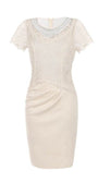Ivory fitted lace cocktail dress short sleeves and soft waist draping, elegant and timeless silhouette for women
