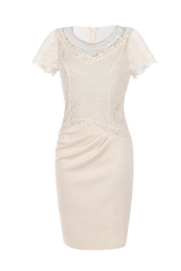Ivory fitted lace cocktail dress short sleeves and soft waist draping, elegant and timeless silhouette for women