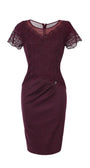 bordeaux elegant midi dress with lace short sleeves and elegant draping, perfect for evening or cocktail events.