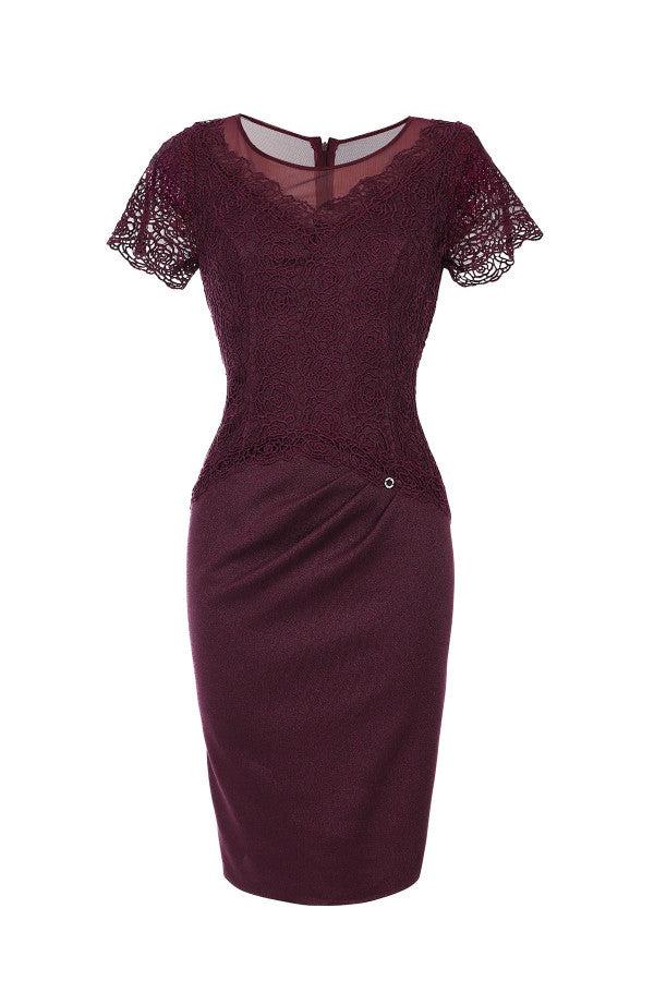 bordeaux elegant midi dress with lace short sleeves and elegant draping, perfect for evening or cocktail events.