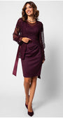 Woman wearing a fitted bordeaux elegant midi dress lace dress with short sleeves and a matching lace overlay cardigan and heels