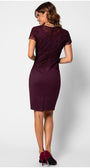 Back view of woman wearing fitted Bordeaux lace dress Jody with short sleeves and tailored silhouette