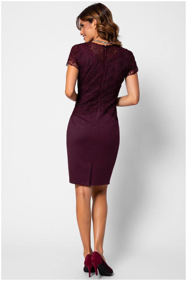 Back view of woman wearing fitted Bordeaux lace dress Jody with short sleeves and tailored silhouette