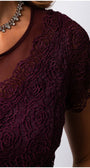 Burgundy Lace Cocktail Dress, Jody. Close up of the lace shoulder and neckline.