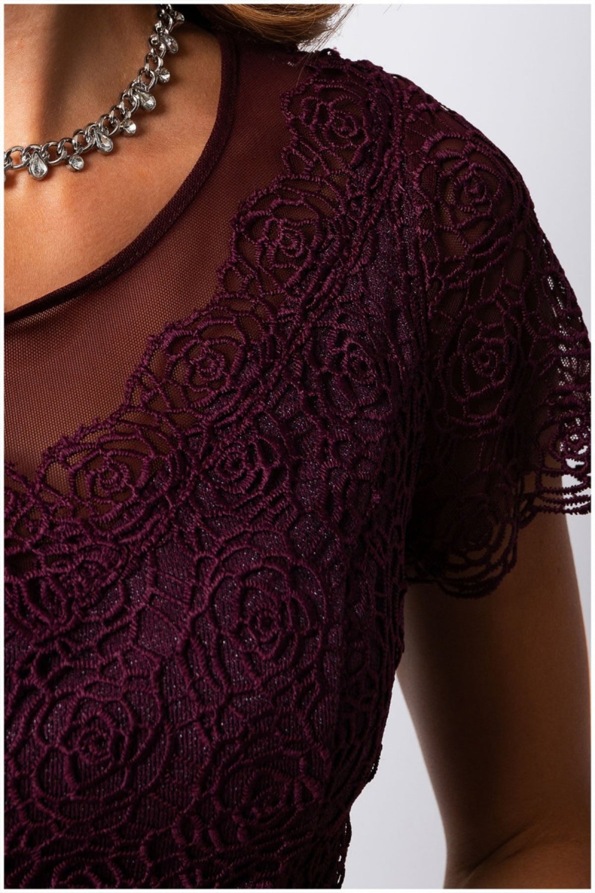 Burgundy Lace Cocktail Dress, Jody. Close up of the lace shoulder and neckline.