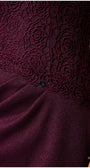 Burgundy Lace Cocktail Dress, Jody. Close up of the gathered lace at the hip.