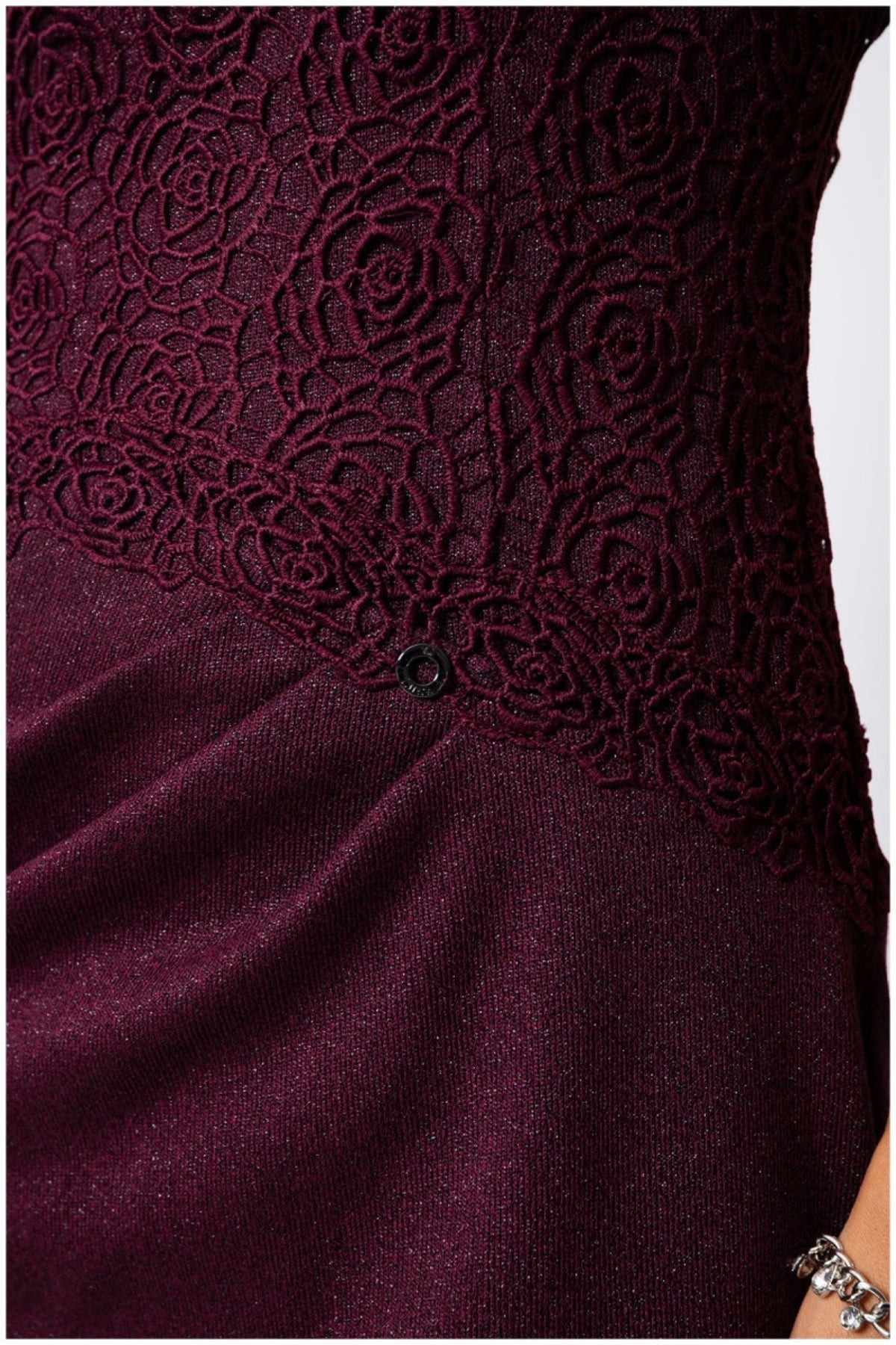 Burgundy Lace Cocktail Dress, Jody. Close up of the gathered lace at the hip.