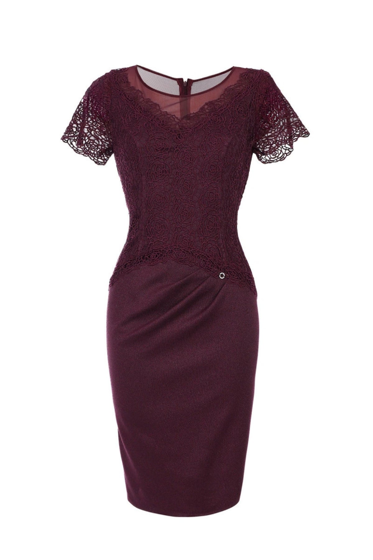 Burgundy Lace Cocktail Dress, Jody. Photographed on its own, front.