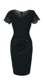 Black fitted lace cocktail dress with lace sleeves and waist draping, elegant and tailored for special occasions and evening wear.