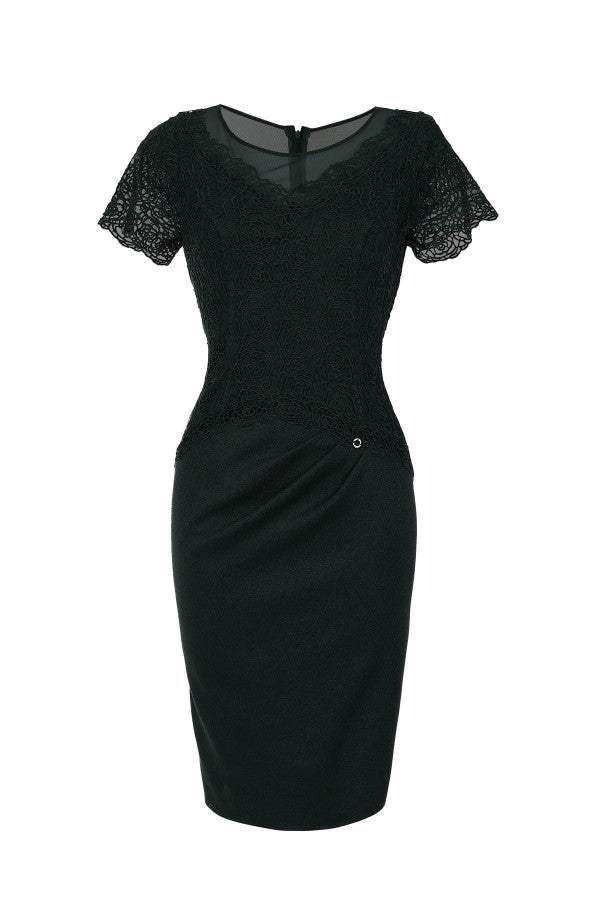Black fitted lace cocktail dress with lace sleeves and waist draping, elegant and tailored for special occasions and evening wear.
