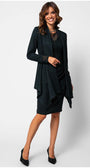 Woman wearing fitted lace cocktail dress JODY dress with sheer sleeves and matching open-front jacket, styled for elegant occasions.