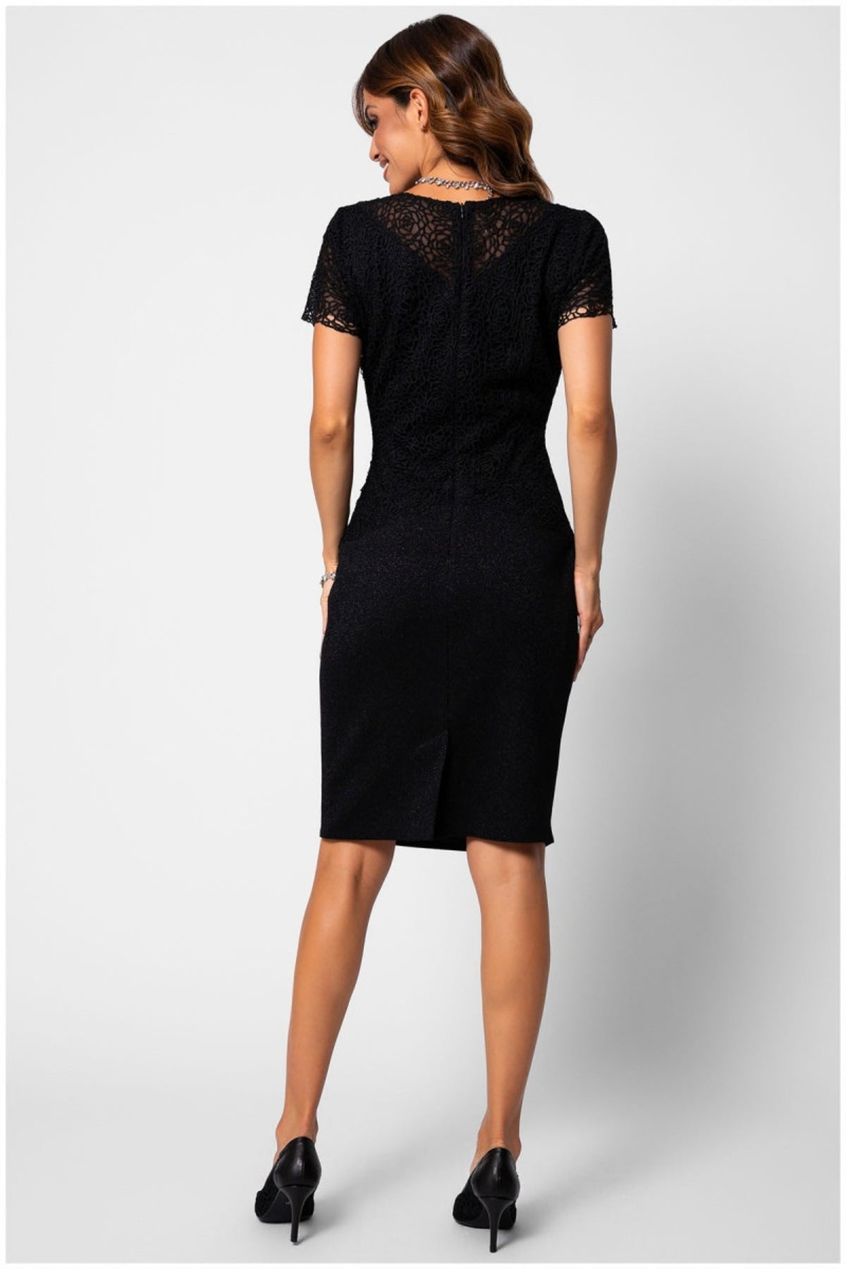 Black Lace Cocktail Dress, Jody. Back view on the model.