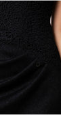 Black Lace Cocktail Dress, Jody. Close up of the gathered lace at the hip.