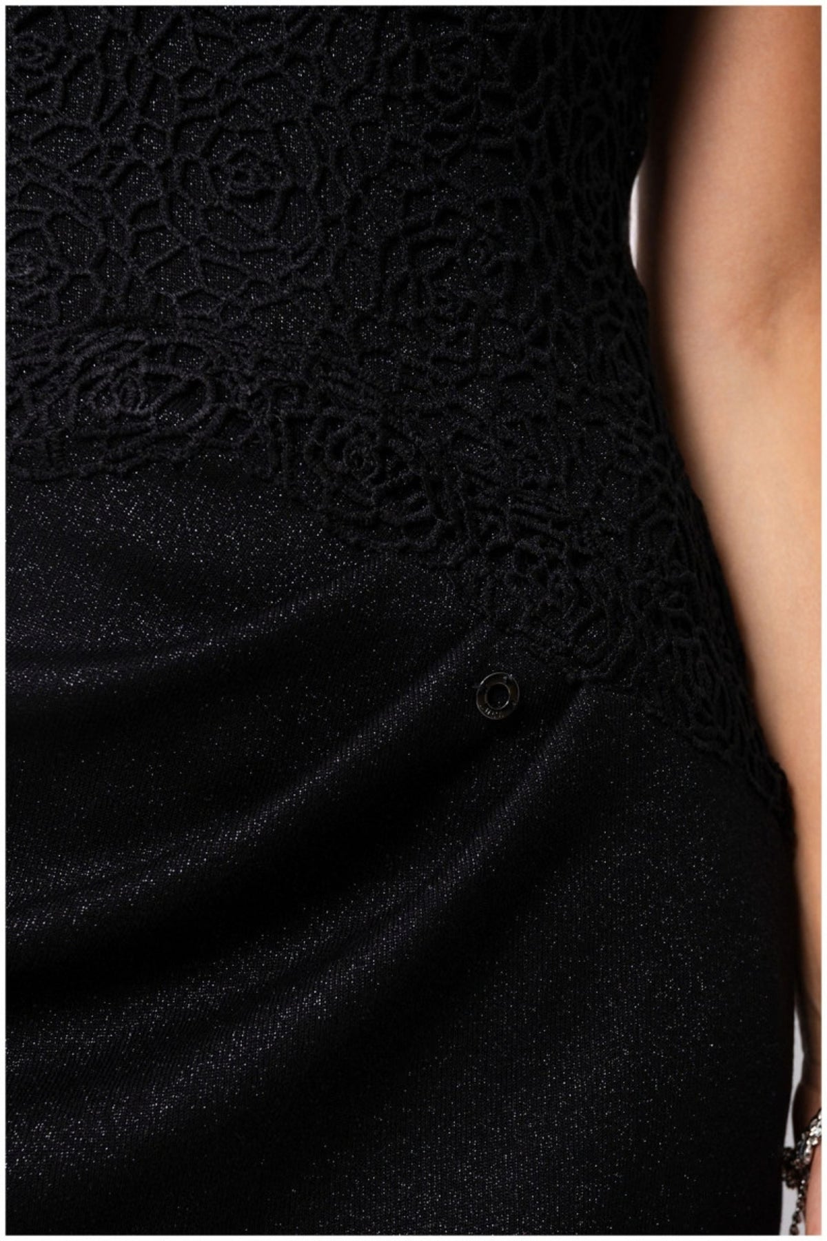 Black Lace Cocktail Dress, Jody. Close up of the gathered lace at the hip.