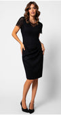 Black Lace Cocktail Dress, Jody. Front view on the model, short lace sleeves and a draped skirt.