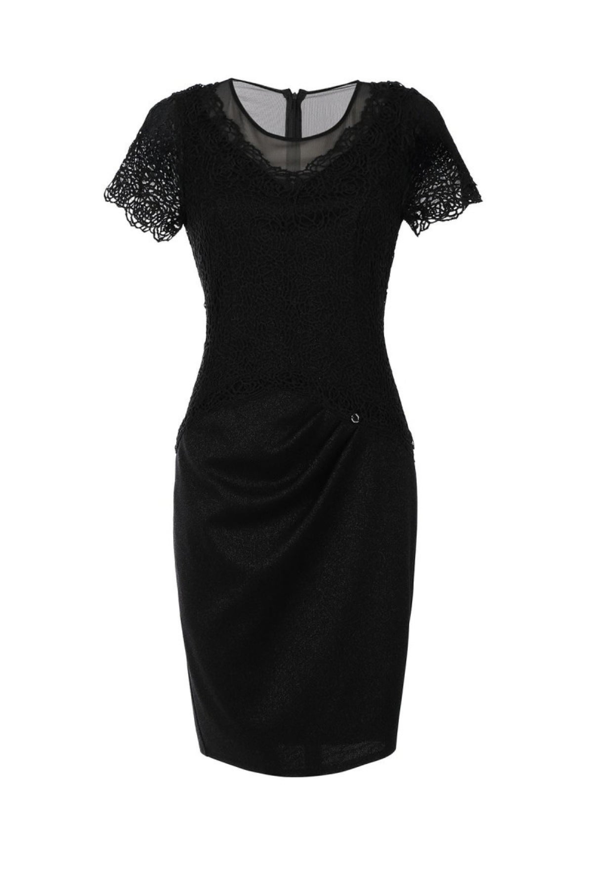 Black Lace Cocktail Dress, Jody. Photographed on its own, front, with the illusion neckline.