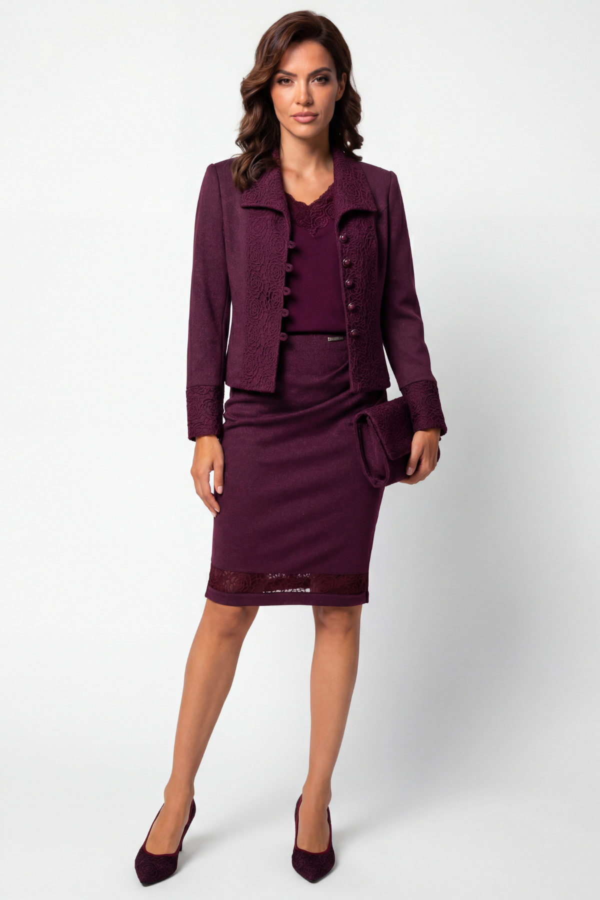 Woman wearing a purple suit on a white background
