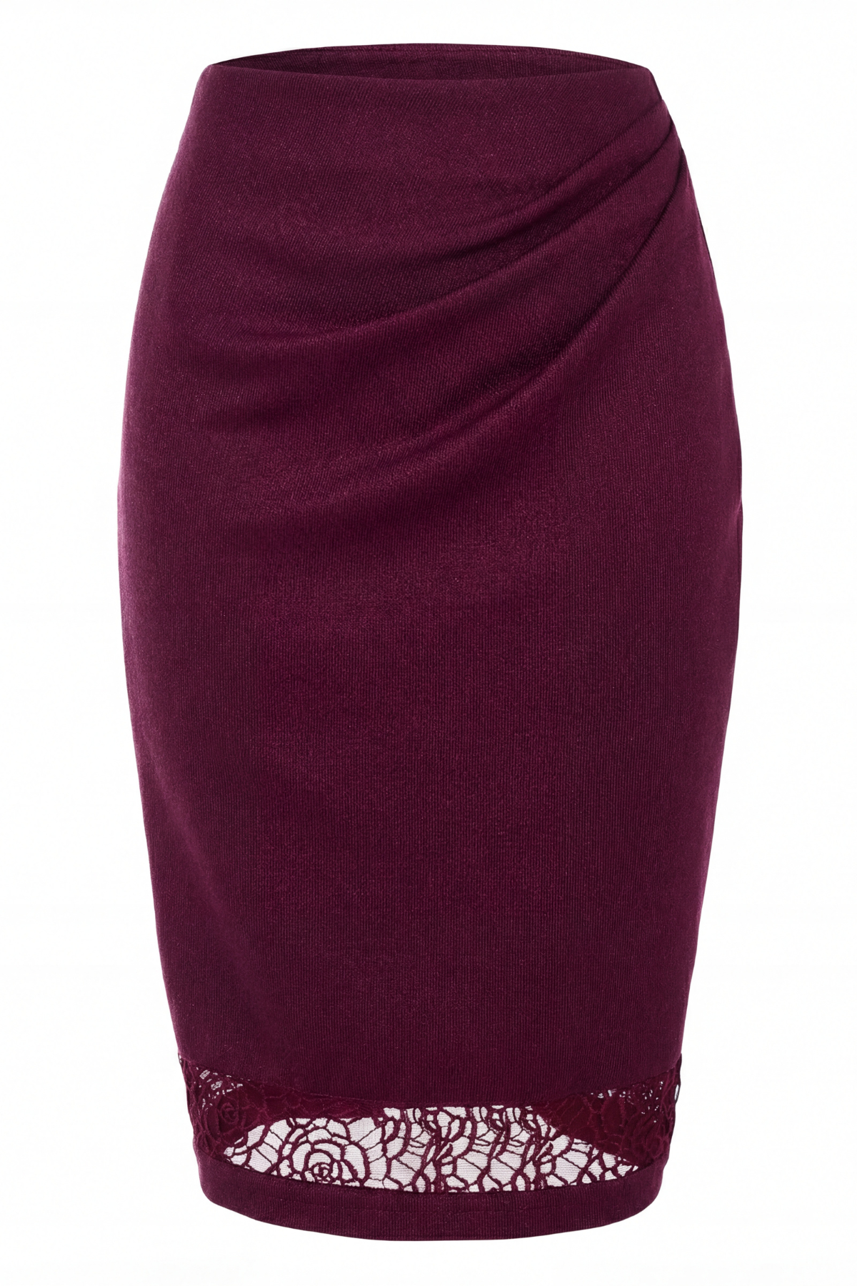Maroon pencil skirt with lace hem on a white background