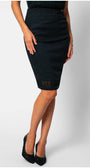 Midnight green pencil skirt with lace hem insert, tailored silhouette, and draped waistline for elegant style.