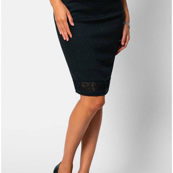 Midnight green pencil skirt with lace hem insert, tailored silhouette, and draped waistline for elegant style.