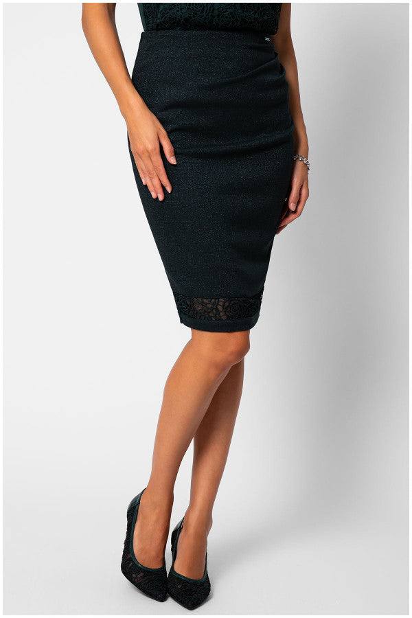 Midnight green pencil skirt with lace hem insert, tailored silhouette, and draped waistline for elegant style.