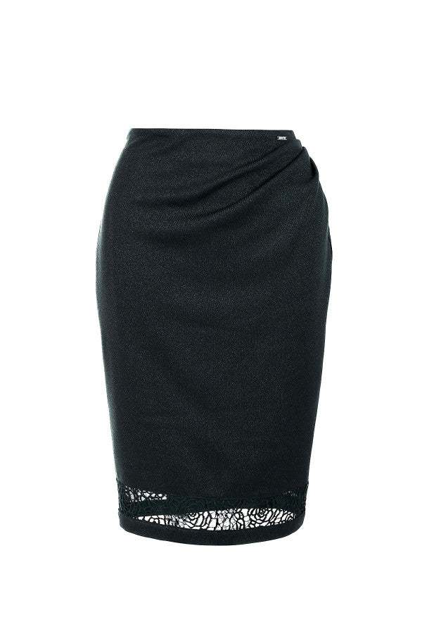 Midnight green pencil skirt with draped waist and lace hem insert for elegant, modern sophistication.