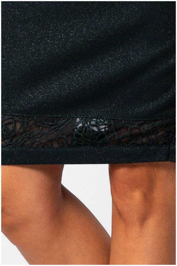 Close-up of Midnight Green Skirt Jody with lace hem detail highlighting elegant pencil silhouette.