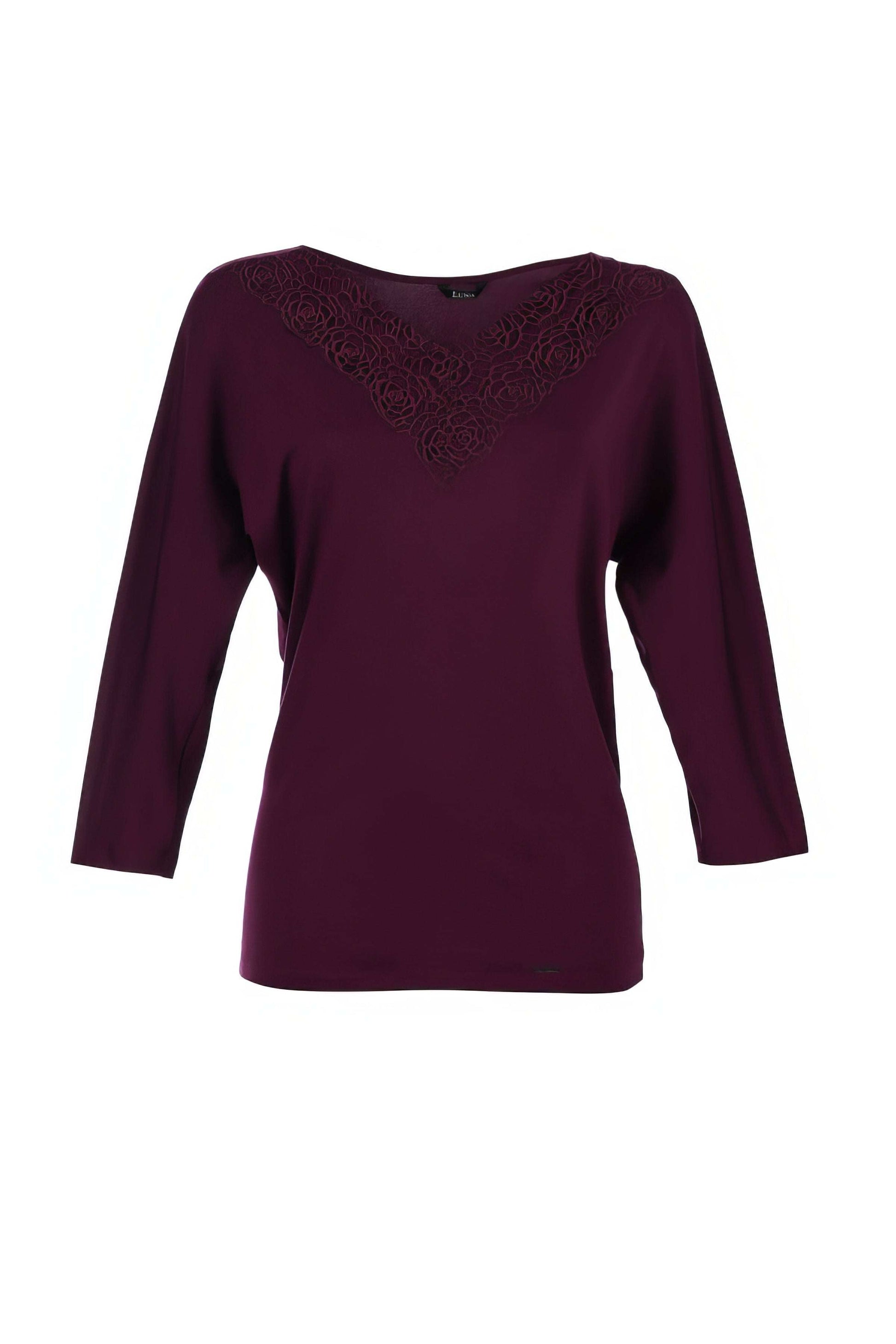 Jody Elegant Lace Blouse in Bordeaux with 3/4 sleeves and intricate lace detail at the V-neck for refined femininity