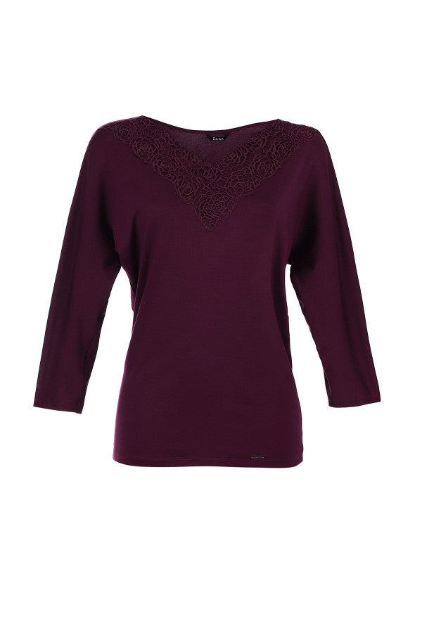 Women's bordeaux lace elegant blouse  Top Jody with lace V-neck detail and three-quarter sleeves in a soft viscose blend fabric.