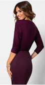 Woman wearing a fitted deep bordeaux lace elegant blouse  top with three-quarter sleeves and a smooth, elegant finish from behind.