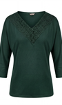 Green blouse with lace neckline on a white background