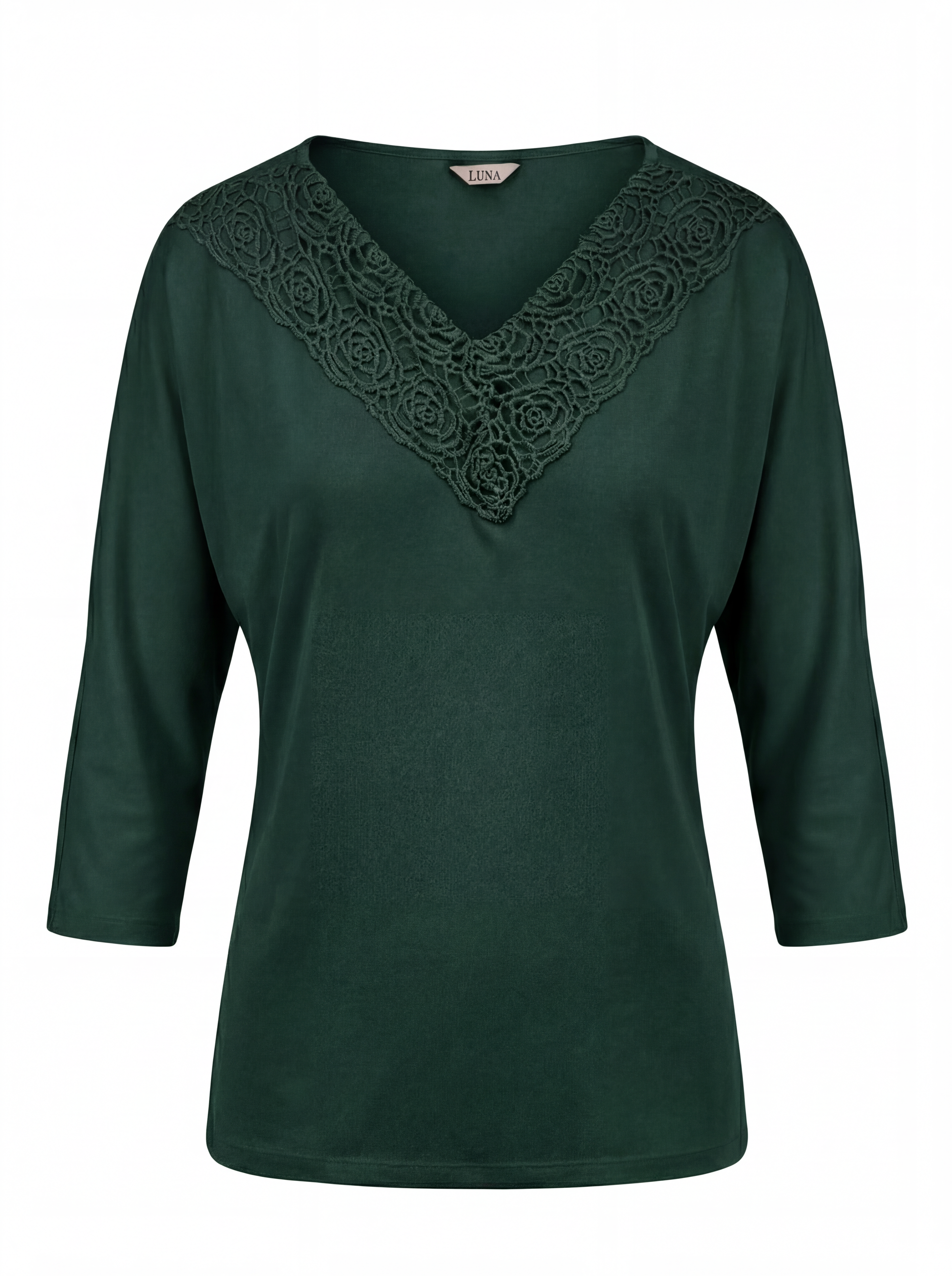 Green blouse with lace neckline on a white background