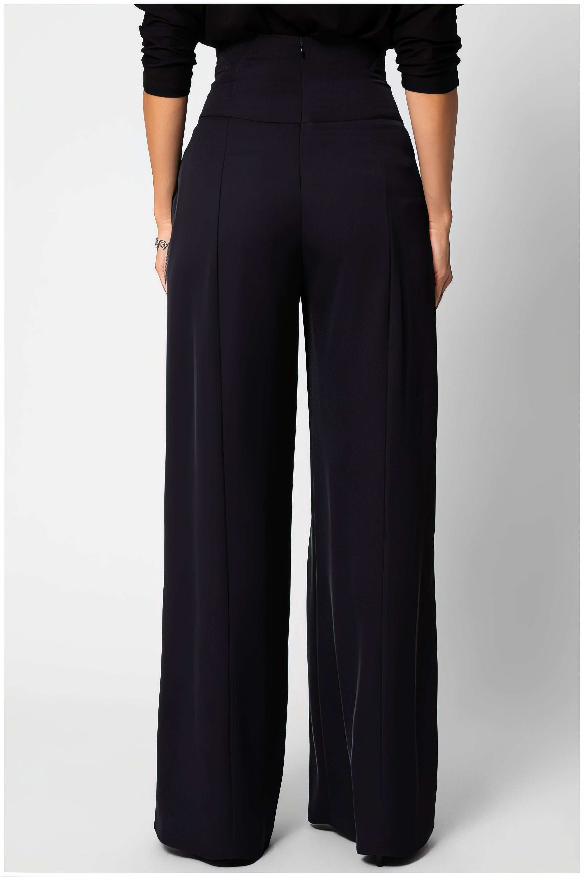 Back view of woman wearing Agatha High Waisted Wide Leg Pants in Black by Luna Fashion House