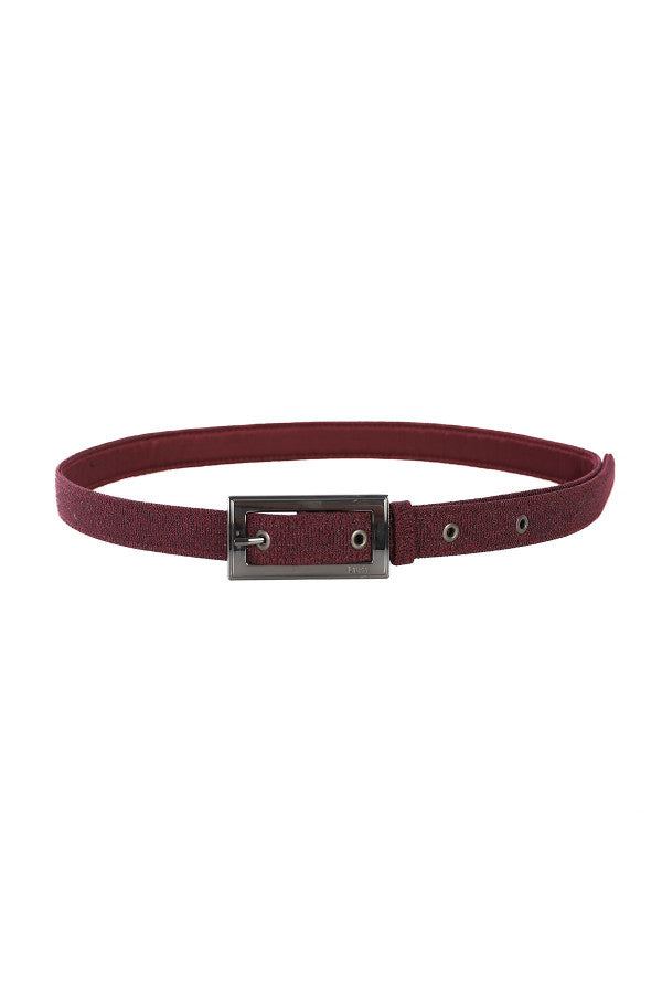 Bordeaux belt with sleek rectangular metal buckle for a modern, refined look by Luna Fashion House.
