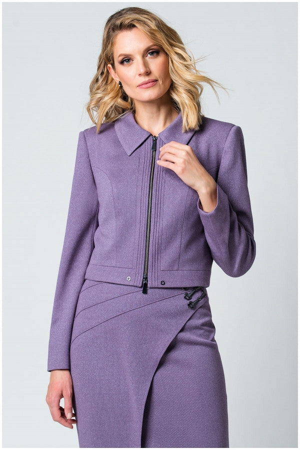 Woman wearing a purple outfit with a jacket and skirt on a light gray background Luna Fashion House
