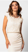 Woman wearing Jody Elegant Lace Blouse in Ivory with floral lace detail and scalloped neckline for evening events