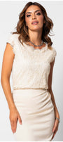 Woman wearing Jody Elegant Lace Blouse in Ivory with floral lace detail and scalloped neckline for evening events