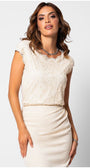 Woman wearing ivory lace elegant blouse sleeveless lace Blouse Jody with floral pattern and elegant scalloped neckline