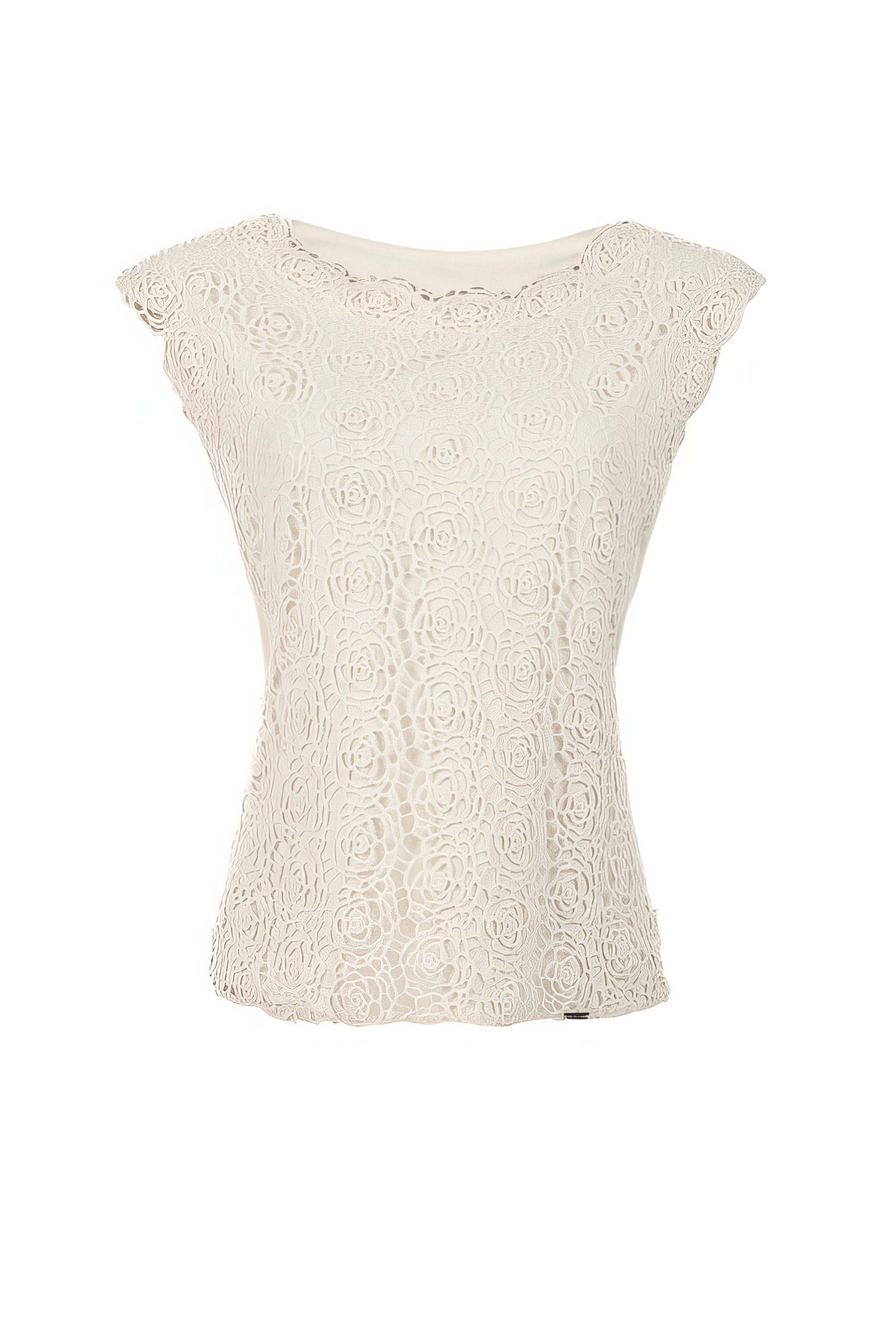 Jody Elegant Lace Blouse in Ivory with floral lace pattern, sleeveless design, and round neckline by Luna Fashion House