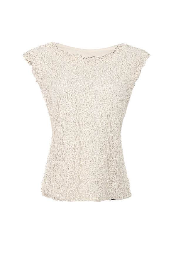 Ivory sleeveless ivory lace elegant blouse with floral pattern and elegant, structured yet soft silhouette for versatile styling.