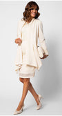Woman wearing ivory lace elegant blouse Jody with lace detailing, paired with matching jacket, skirt, and heels walking confidently
