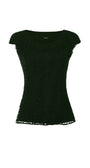 Midnight green elegant blouse with floral lace overlay, elegant and fitted for formal or daywear occasions.