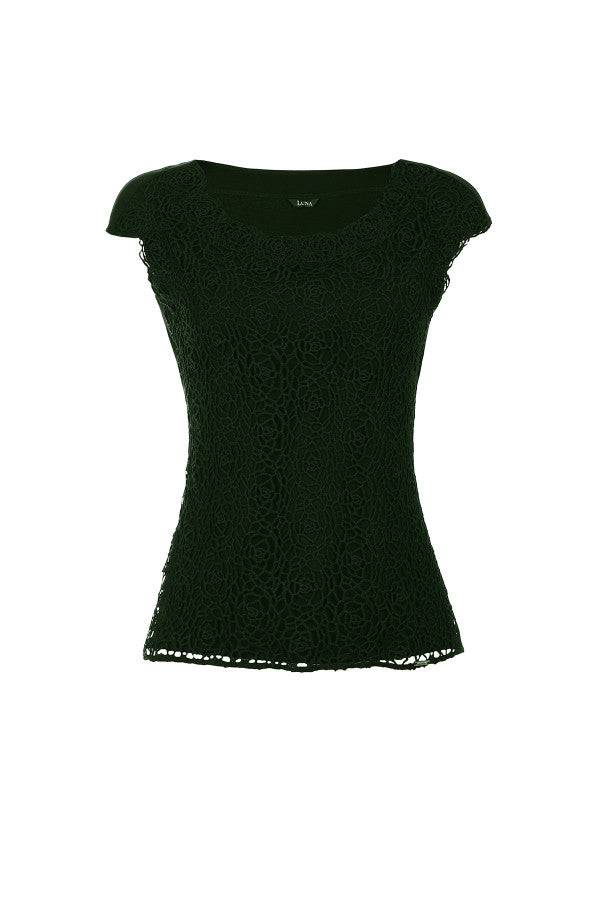 Midnight green elegant blouse with floral lace overlay, elegant and fitted for formal or daywear occasions.