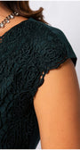 Jody Elegant Lace Blouse in Midnight Green showing detailed lace short sleeve and round neckline close-up