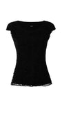 Black lace elegant blouse Jody with intricate floral design, cap sleeves, and a fitted silhouette for elegant, versatile styling.