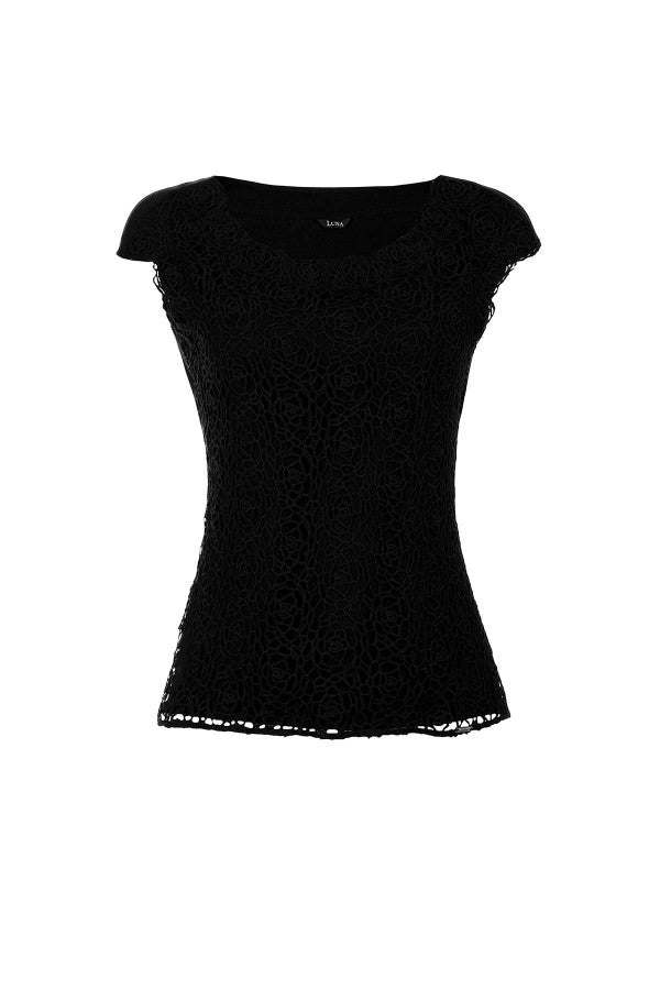 Black lace elegant blouse Jody with intricate floral design, cap sleeves, and a fitted silhouette for elegant, versatile styling.