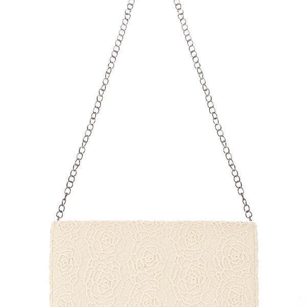 ivory lace evening clutch bag Jody with floral lace overlay and removable chain strap for versatile evening wear