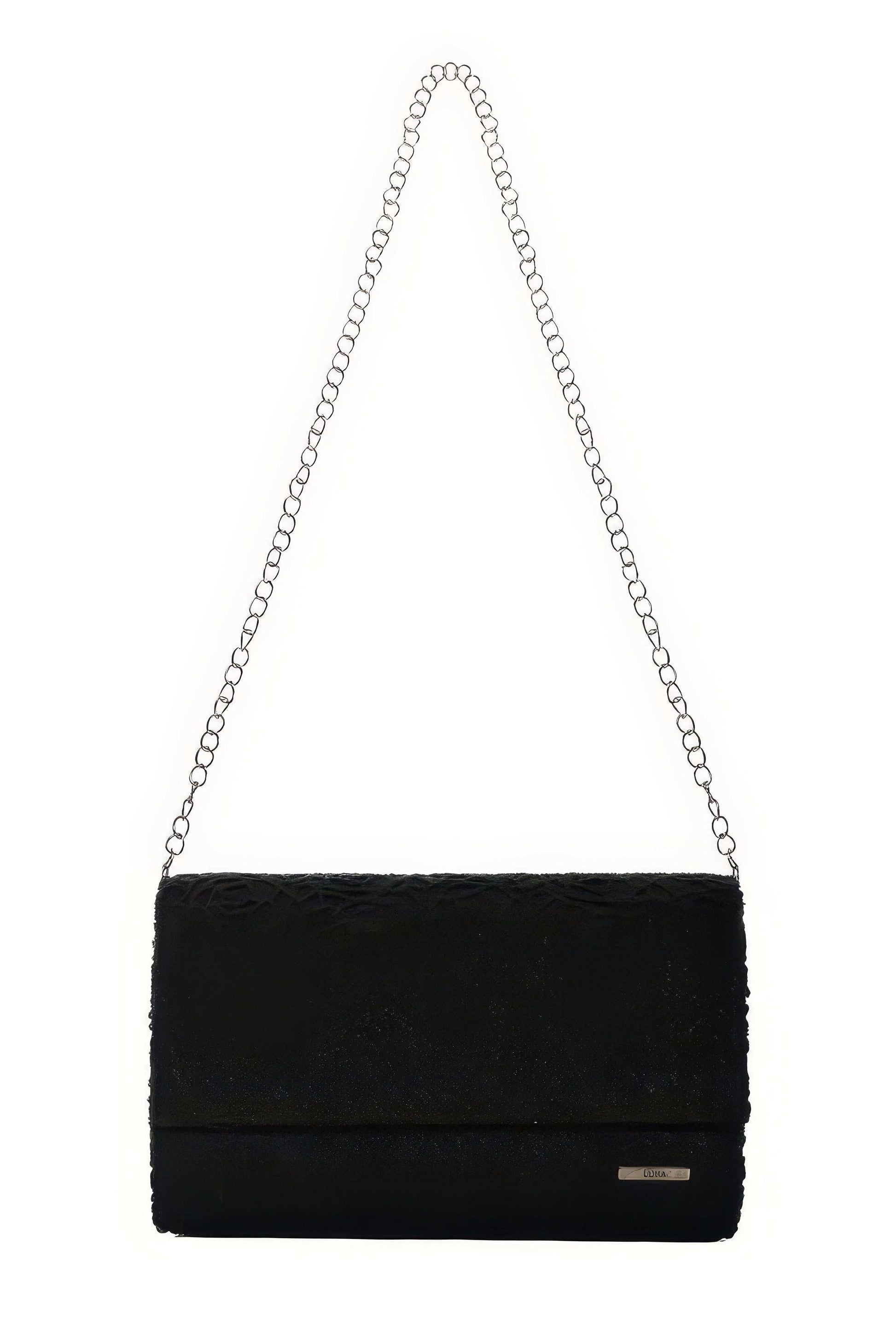 Jody Lace Clutch Bag in Black with delicate lace detail and silver chain strap for elegant evening wear