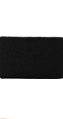 Black clutch bag with floral lace overlay, rectangular shape, elegant and versatile for evening occasions.