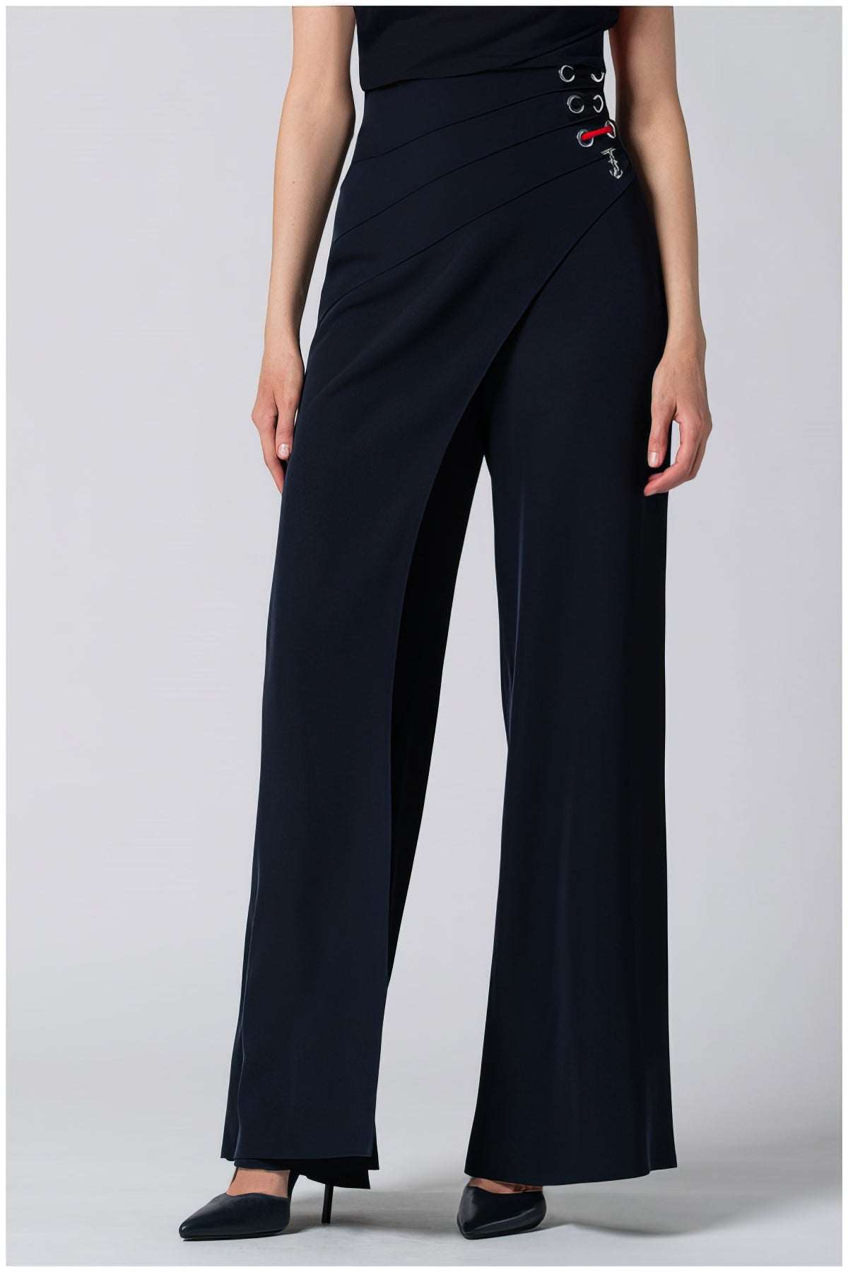 Greta Wide Leg Pants in Navy with wrap detail and eyelets, tailored for modern elegance and versatility by Luna Fashion House